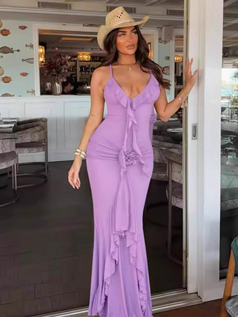 Vestido largo de sirena fruncido con espalda descubierta y volantes de roseta para mujer 2026