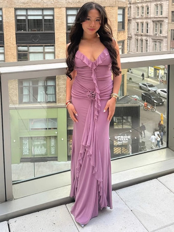 Vestido largo de sirena fruncido con espalda descubierta y volantes de roseta para mujer 2026