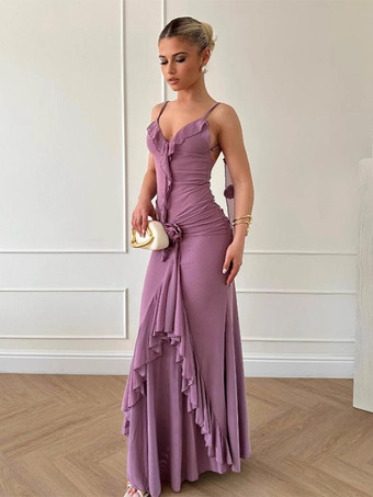 Vestido largo de sirena fruncido con espalda descubierta y volantes de roseta para mujer 2026