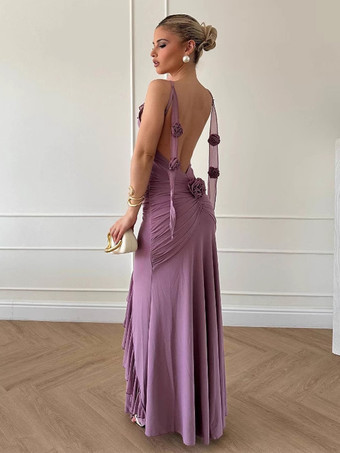 Vestido largo de sirena fruncido con espalda descubierta y volantes de roseta para mujer 2026
