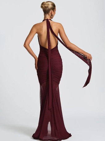 ディープVネックホルターネックルーシュボディコンマキシパーティードレス（レディース）2026