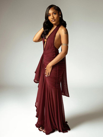 ディープVネックホルターネックルーシュボディコンマキシパーティードレス（レディース）2026