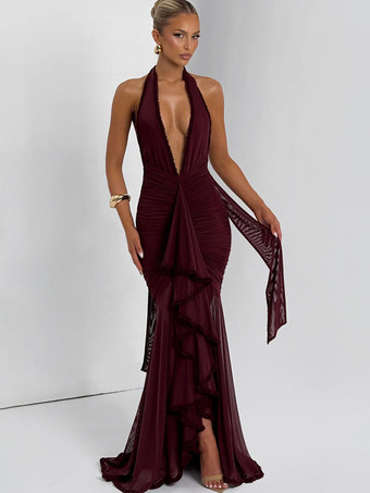 ディープVネックホルターネックルーシュボディコンマキシパーティードレス（レディース）2026