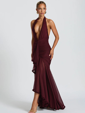 ディープVネックホルターネックルーシュボディコンマキシパーティードレス（レディース）2026