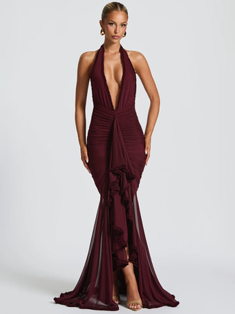 ディープVネックホルターネックルーシュボディコンマキシパーティードレス（レディース）2026