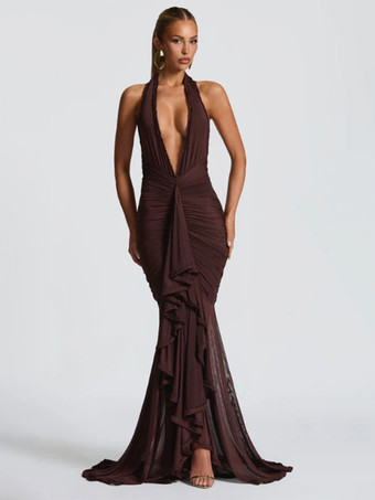 ディープVネックホルターネックルーシュボディコンマキシパーティードレス（レディース）2026