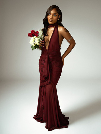 ワインレッド ディープVネックホルターネックルーシュボディコンマキシパーティードレス（レディース）2026