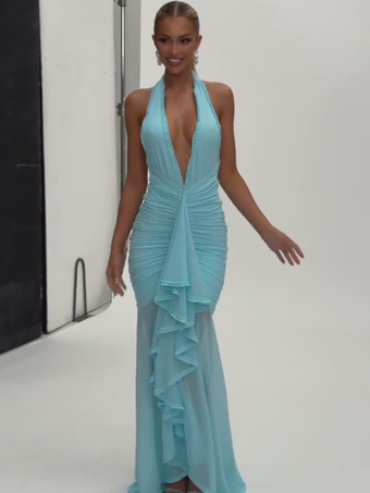 レイクブルー ディープVネックホルターネックルーシュボディコンマキシパーティードレス（レディース）2026