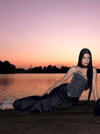 ラインストーンレースアップバックコルセットとロングスカートのパーティー2ピースセット（レディース用）2026