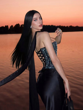 ラインストーンレースアップバックコルセットとロングスカートのパーティー2ピースセット（レディース用）2026