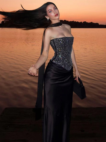 ラインストーンレースアップバックコルセットとロングスカートのパーティー2ピースセット（レディース用）2026