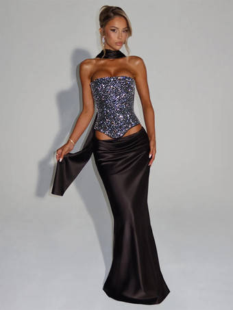 ラインストーンレースアップバックコルセットとロングスカートのパーティー2ピースセット（レディース用）2026