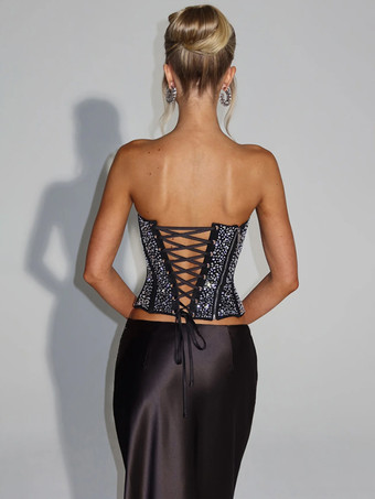 ラインストーンレースアップバックコルセットとロングスカートのパーティー2ピースセット（レディース用）2026