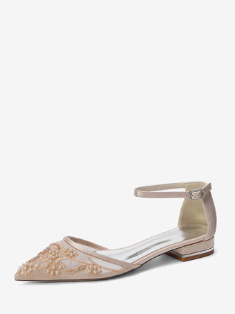 シャンパンカラーメッシュウェディングゲストシューズ ポインテッドトゥ ビーズフラットブライダルシューズ