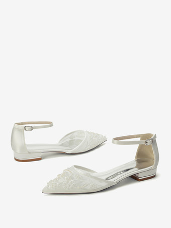 メッシュウェディングゲストシューズ ポインテッドトゥ ビーズフラットブライダルシューズ