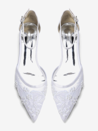 メッシュウェディングゲストシューズ ポインテッドトゥ ビーズフラットブライダルシューズ