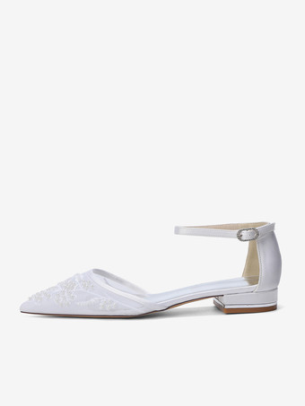 メッシュウェディングゲストシューズ ポインテッドトゥ ビーズフラットブライダルシューズ