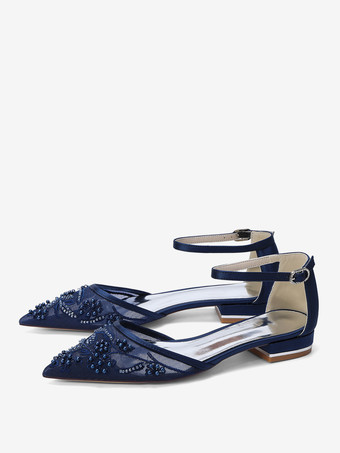 メッシュウェディングゲストシューズ ポインテッドトゥ ビーズフラットブライダルシューズ