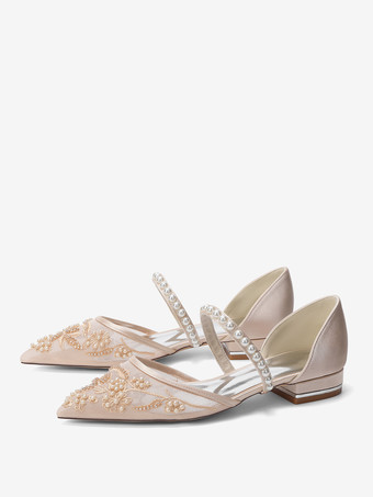 フラットウェディングシューズ メッシュ ポインテッドトゥ パールブライダルシューズ