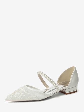 アイボリーフラットウェディングシューズ メッシュ ポインテッドトゥ パールブライダルシューズ