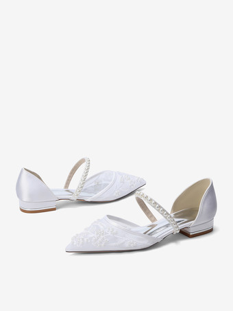 フラットウェディングシューズ メッシュ ポインテッドトゥ パールブライダルシューズ