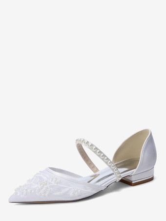 ホワイト フラットウェディングシューズ メッシュ ポインテッドトゥ パールブライダルシューズ