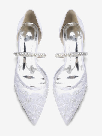 フラットウェディングシューズ メッシュ ポインテッドトゥ パールブライダルシューズ