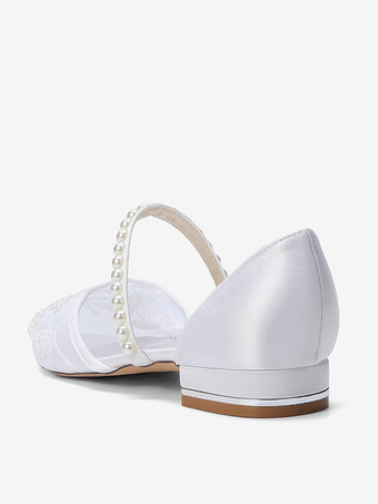 フラットウェディングシューズ メッシュ ポインテッドトゥ パールブライダルシューズ