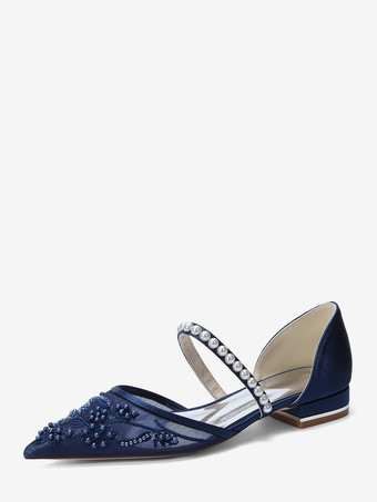 ディープブルーフラットウェディングシューズ メッシュ ポインテッドトゥ パールブライダルシューズ