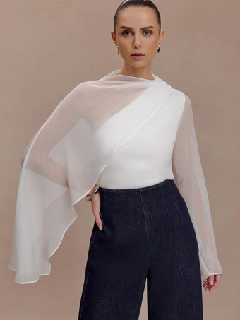 ホワイト アシンメトリーシフォンケープスリーブブラウス（レディース）2026