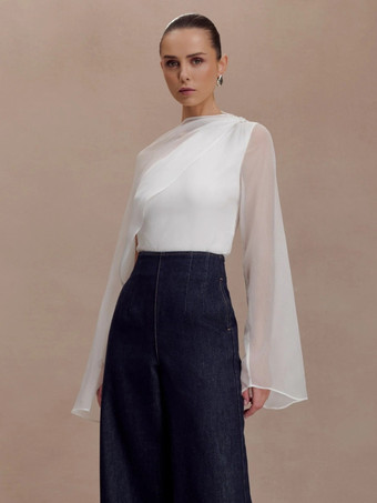 アシンメトリーシフォンケープスリーブブラウス（レディース）2026