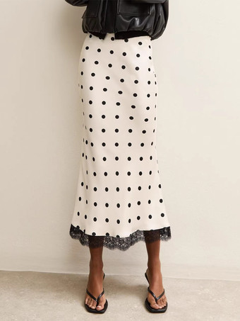 ホワイト ドット柄レーストリム ハイウエスト ミディ丈 マーメイドスカート レディース 2026