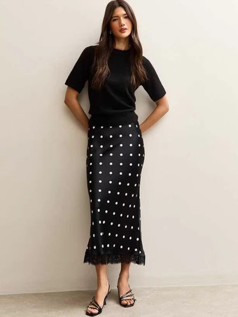 ブラック ドット柄レーストリム ハイウエスト ミディ丈 マーメイドスカート レディース 2026