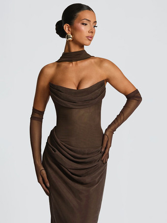 2026年レディース向け、スカーフ付き、ルーシュウエスト、スリムフィット、マーメイドマキシ丈プロムドレス