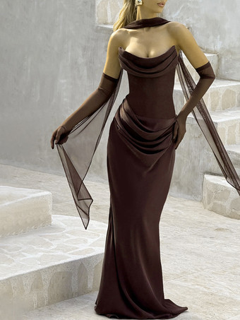 2026年レディース向け、スカーフ付き、ルーシュウエスト、スリムフィット、マーメイドマキシ丈プロムドレス