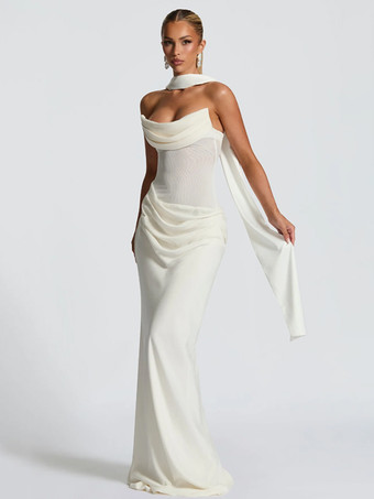 ホワイト 2026年レディース向け、スカーフ付き、ルーシュウエスト、スリムフィット、マーメイドマキシ丈プロムドレス