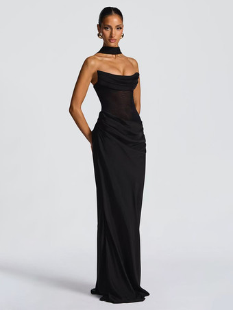 ブラック 2026年レディース向け、スカーフ付き、ルーシュウエスト、スリムフィット、マーメイドマキシ丈プロムドレス