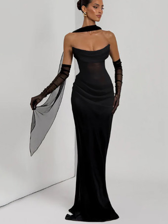 2026年レディース向け、スカーフ付き、ルーシュウエスト、スリムフィット、マーメイドマキシ丈プロムドレス