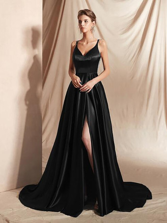 ブラックイブニングドレス Aライン Vネック サテン生地 トレーン付き フロントスリット 社交パーティードレス