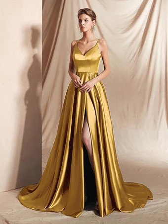 ゴールド イブニングドレス Aライン Vネック サテン生地 トレーン付き フロントスリット 社交パーティードレス