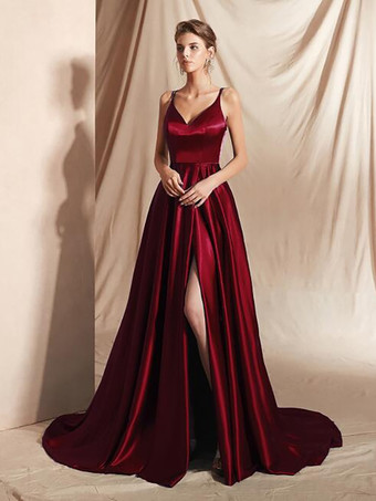 バーガンディーイブニングドレス Aライン Vネック サテン生地 トレーン付き フロントスリット 社交パーティードレス