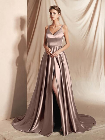 サーモンピンクイブニングドレス Aライン Vネック サテン生地 トレーン付き フロントスリット 社交パーティードレス