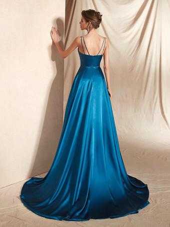 イブニングドレス Aライン Vネック サテン生地 トレーン付き フロントスリット 社交パーティードレス