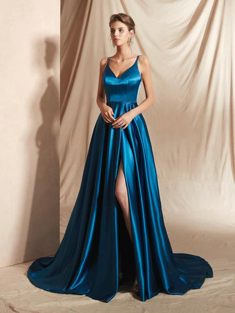 イブニングドレス Aライン Vネック サテン生地 トレーン付き フロントスリット 社交パーティードレス