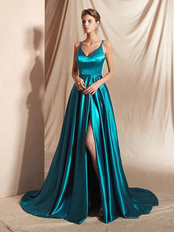 ブルーグリーンイブニングドレス Aライン Vネック サテン生地 トレーン付き フロントスリット 社交パーティードレス