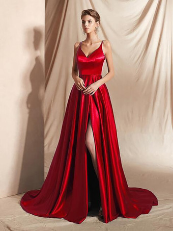 レッド イブニングドレス Aライン Vネック サテン生地 トレーン付き フロントスリット 社交パーティードレス