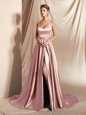 ピンクイブニングドレス Aライン Vネック サテン生地 トレーン付き フロントスリット 社交パーティードレス