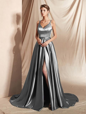 グレイイブニングドレス Aライン Vネック サテン生地 トレーン付き フロントスリット 社交パーティードレス
