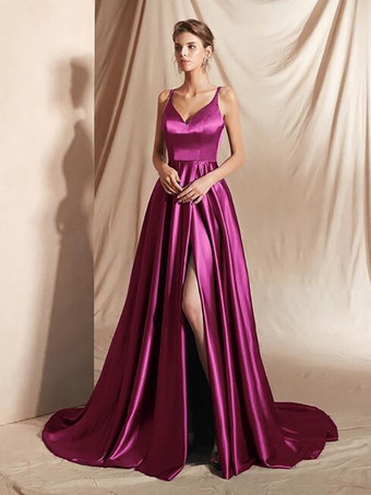 マゼンタイブニングドレス Aライン Vネック サテン生地 トレーン付き フロントスリット 社交パーティードレス