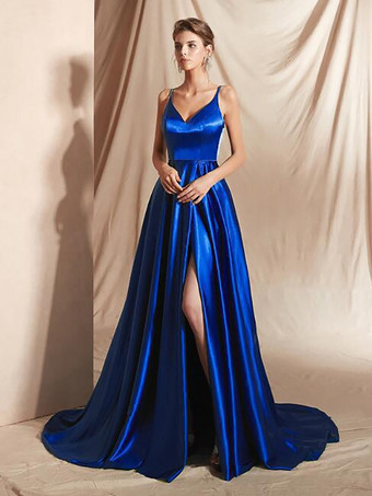 ロイヤルブルーイブニングドレス Aライン Vネック サテン生地 トレーン付き フロントスリット 社交パーティードレス